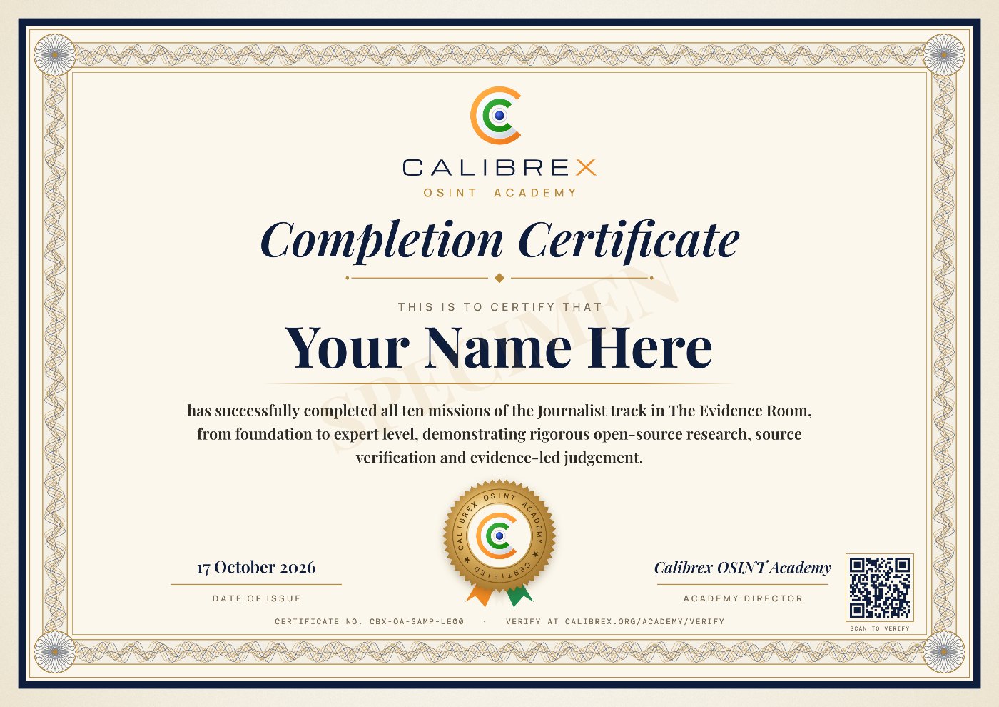 A sample Calibrex OSINT Academy certificate